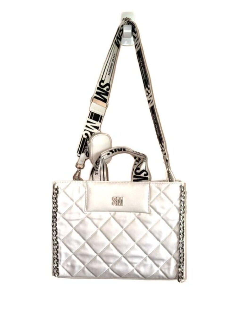 Steve Madden White Quilted Tote Bag NWT Logo Strap Chain Detail
